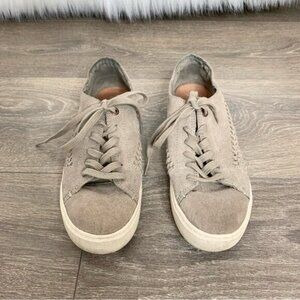 Toms Women’s Lenox Sneakers Shoes Lace Up Suede Woven Panel Desert Gray Size 6